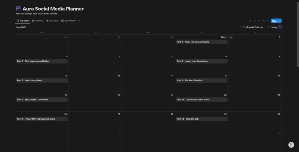 Sample social media content calendar used by Social Marble.
